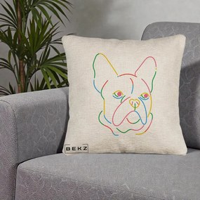 Perna Decorativa Bulldog Francez Line Art Curcubeu, 40x40 cm, Bej Canapea, Husa Detasabila, Perna Inclusa, BEKZ®