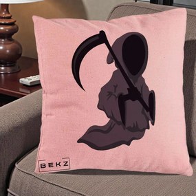 Perna Decorativa Moartea cu Coasa Grim Reaper Halloween, 40x40 cm, Roz, Husa Detasabila, Perna Inclusa, BEKZ®
