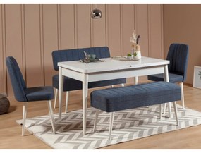 Masă de sufragerie extensibilă cu 2 scaune și 2 bănci Vlasta (alb + albastru închis). 1073084