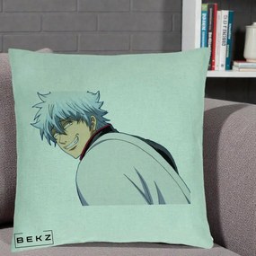 Perna Personalizata Gintama Gintoki Portret cu Zambet, 40x40 cm, Verde Menta, Husa Detasabila, Perna Inclusa, BEKZ®