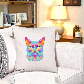 Perna Decorativa Pisica Pop Art Multicolor, 40x40 cm, Bej cu Franjuri, Husa Detasabila, Perna Inclusa, BEKZ®