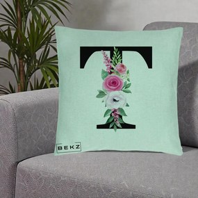 Cadou Personalizat - Perna Personalizata Monograma Florala Litera T, 40x40 cm, Verde Menta, Husa Detasabila, Perna Inclusa, BEKZ®