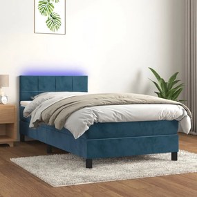 vidaXL Pat cu arcuri, saltea și LED, bleumarin, 100x200 cm, catifea