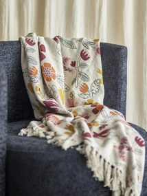 Pătură din bumbac reciclat, multicolor, cu model floral imprimat și franjuri, 160x130 cm, „Vivielle"