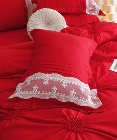 Lenjerie pat dublu, Inimi Brodate, 6 Piese, Finet Premium - Rosu