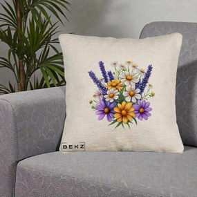 Perna Decorativa Lavanda Musetel si Flori Mov, 40x40 cm, Bej Canapea, Husa Detasabila, Perna Inclusa, BEKZ®