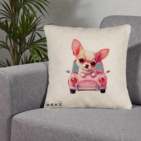 Perna Decorativa Chihuahua Roz in Masinuta, 40x40 cm, Bej Canapea, Husa Detasabila, Perna Inclusa, BEKZ®