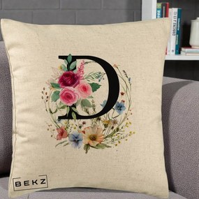 Cadou Personalizat - Perna Personalizata Monogram Litera D cu Flori Acuarela, 40x40 cm, Bej, Husa Detasabila, Perna Inclusa, BEKZ®