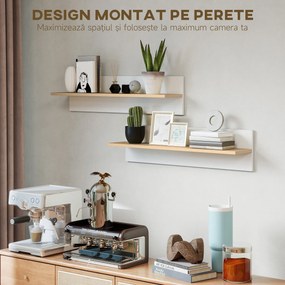 HOMCOM Set 2 Rafturi de Perete pentru Casă și Birou, Rafturi din Lemn pentru Bucătărie și Living, 80x16.5x20 cm, Alb și Lemn Natural | Aosom Romania