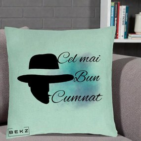 Cadou pentru Cumnat - Perna Personalizata Cel mai Bun Cumnat cu Silueta Palarie si Pete Teal-Roz, 40x40 cm, Verde Menta, Husa Detasabila, Perna Inclusa, BEKZ®