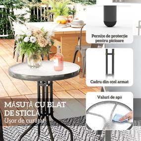 Outsunny Set Mobilier de Grădină din 3 Piese cu Scaune Suprapozabile și Masă din Sticlă, 54x71x93 cm, Gri Închis | Aosom Romania