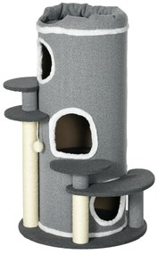 PawHut Post de zgâriat cu stâlpi de zgâriat, 2 ascunzișuri pentru pisici, 4 locuri de odihnă, 4 posturi de zgâriat, 57 cm x 57 cm x 99 cm, Gri + Alb | Aosom Romania