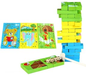 Joc Jenga Interactiv 3 in 1 Puzzle Turn din Lemn si Domino JC07