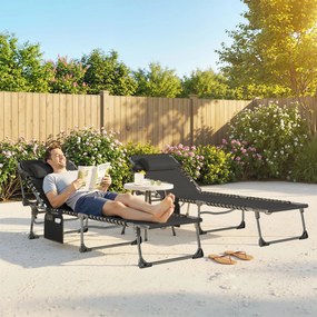 Outsunny Set de 2 Șezlonguri de Grădină Pliabile, Reglabile pe 5 Niveluri, cu Perne, Șezlonguri Textilenă cu Buzunar Lateral, Mâner, pentru Plajă, Piscină, 57x200x38 cm, Negru | Aosom Romania