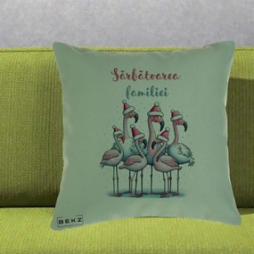 Perna Decorativa Flamingo Craciun Sarbatoarea Familiei, 40x40 cm, Verde, Husa Detasabila, Perna Inclusa, BEKZ®