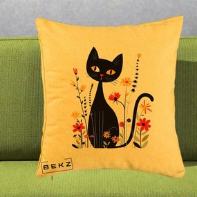 Perna Decorativa Pisica Neagra Ochi Galbeni Flori, 40x40 cm, Galben, Husa Detasabila, Perna Inclusa, BEKZ®
