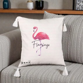 Perna Decorativa Flamingo Acuarela, 40x40 cm, Bej cu Franjuri, Husa Detasabila, Perna Inclusa, BEKZ®