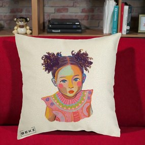 Perna Decorativa Fetita Vesela Portret Colorat, 40x40 cm, Ecru, Husa Detasabila, Perna Inclusa, BEKZ®
