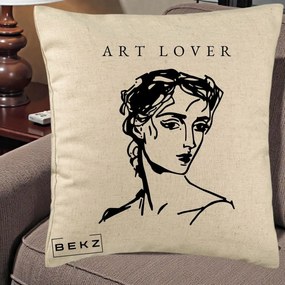 Perna Decorativa Art Lover Portret Grafic, 40x40 cm, Bej, Husa Detasabila, Perna Inclusa, BEKZ®