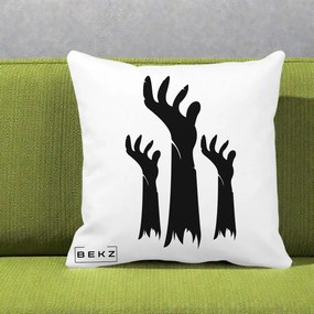 Perna Decorativa Halloween Maini Zombie Alb-Negru, 40x40 cm, Alba Mata, Husa Detasabila, Perna Inclusa, BEKZ®