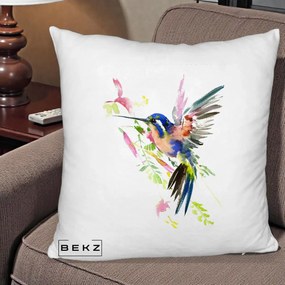 Perna Decorativa Colibri Acuarela, 40x40 cm, Alb Pufos, Husa Detasabila, Perna Inclusa, BEKZ®