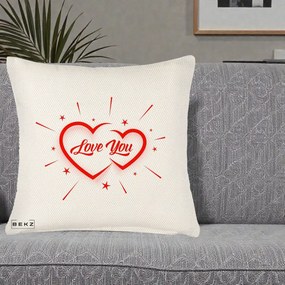 Cadou Romantic - Perna Personalizata Love You Doua Inimi, 40x40 cm, Crem Reliefat, Husa Detasabila, Perna Inclusa, BEKZ®