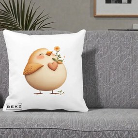 Perna Decorativa Pui cu Inima si Floarea-Soarelui, 40x40 cm, Alba Mata, Husa Detasabila, Perna Inclusa, BEKZ®