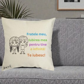 Cadou pentru Frate - Perna Personalizata Fratele Meu Te Iubesc Copii Anime Colorat, 40x40 cm, Ecru, Husa Detasabila, Perna Inclusa, BEKZ®