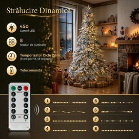 HOMCOM Brad de Crăciun Înzăpezit 210 cm cu 450 de Lumini LED Alb Cald, Timer, Telecomandă, 8 Modalități, 1080 de Ramuri Ignifuge | Aosom Romania