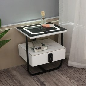 RESIGILAT- Noptieră inteligentă multifuncțională, încărcare Wireless, port USB, iluminare LED touch în 3 culori, sertar tip seif, blocare cu parolă, Alb