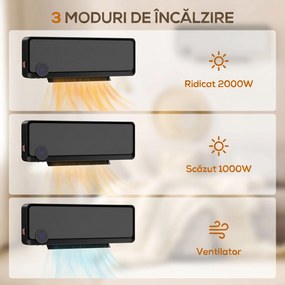 HOMCOM Încălzitor electric de perete cu 3 moduri, Negru | Aosom Romania