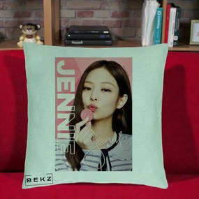 Perna Personalizata K-pop BLACKPINK Jennie cu Semnatura si Fond Roz, 40x40 cm, Verde Menta, Husa Detasabila, Perna Inclusa, BEKZ®