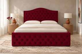 Pat tapițat Chesterfield din catifea Solaria Deluxe 200×200 cm, vișiniu, cu ladă de depozitare