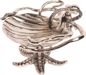 Bol decorativ din aluminiu reciclat, argintiu, în formă de scoică, cu caracatiță și picior în formă de stea de mare, decor marin, finisaj lucios, 14