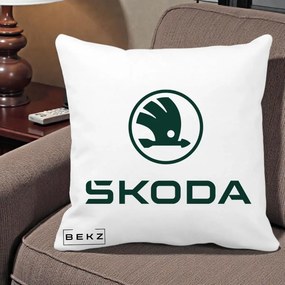 Perna Personalizata cu emblema Skoda, 40x40 cm, Alba Mata, Husa Detasabila, Perna Inclusa, BEKZ®