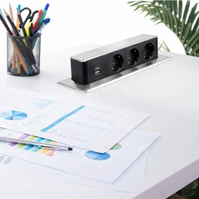 Priza incorporabila in blat Hop Box Design Light, 3 prize Schuko, USB A + C, otel inoxidabil periat   negru, 273 x 93 mm Metal Plastic, Otel