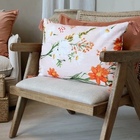 Fata de perna roz, din bumbac, model floral si ciucuri, 60x40cm, Aix