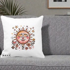 Perna Decorativa Soare Retro Boho Floral, 40x40 cm, Alba Mata, Husa Detasabila, Perna Inclusa, BEKZ®