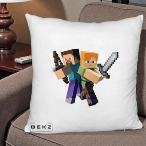 Perna Personalizata Minecraft Steve si Alex, 40x40 cm, Alb Pufos, Husa Detasabila, Perna Inclusa, BEKZ®