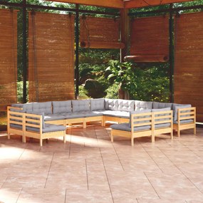 Set mobilier grădină cu perne, 13 piese, gri, lemn masiv pin