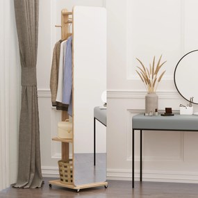 HOMCOM Oglindă de podea cu roți - Suport, 4 cârlige, raft MDF aspect lemn deschis | Aosom Romania