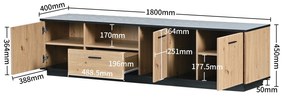 Comodă TV cu O Sertar, Trei Uși și Două Rafturi din Sticlă, Iluminare LED cu 15 Culori Variabile, 180x40x45 cm, Negru+ Natural