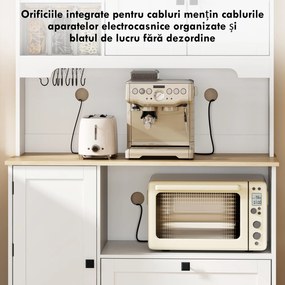 HOMCOM Bufet de Bucătărie Înalt 162 cm, Mobilier de Depozitare cu 2 Dulapuri, 2 Sertare, Suport Condimente, Orificii pentru Cabluri, Rafturi Reglabile, Blat pentru Cuptor cu Microunde, Suporturi pentru Cești, Alb | Aosom Romania