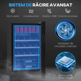 HOMCOM Răcitor pentru Vinuri de 53L cu Rafturi Ajustabile pentru 12 Sticle și 25 Doze, Răcitor Vinuri din Oțel, Lemn și Sticlă Temperată, 43x45x64 cm, Negru | Aosom Romania