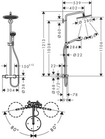 Coloana de dus cu baterie termostatata, Hansgrohe, Croma Select S, cu bara si suport dus, bronz periat