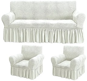 Set huse elastice pentru canapea 3 Locuri si 2 fotolii, cu volanas, model Jacquard Alb in dungi