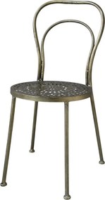 Scaun dining din metal, auriu, cu spătar dublu arcuit și șezut rotund traforat, finisaj alamă antichizată, Î 92 cm, Ø 41 cm, „Arles”