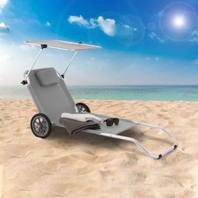 Șezlong de grădină pliabil cu roți și copertină, gri