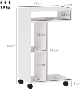 HOMCOM Măsuță laterală în formă de C cu roți, cu 3 compartimente și 1 raft deschis, 40 x 30 x 69 cm, alb | Aosom Romania