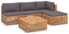 Set mobilier gradina cu perne gri inchis 5 piese lemn masiv tec Morke gra, Colt + 2x mijloc + 2x suport pentru picioare, 1